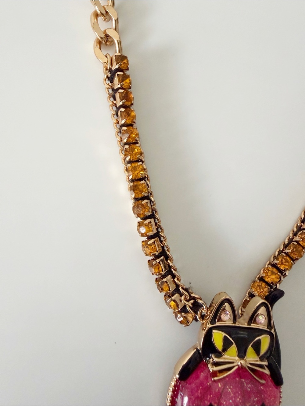 Betsey Johnson Cat Pink Pumpkin Gold Tone Halloween Statement Necklace - Picture 5 of 13